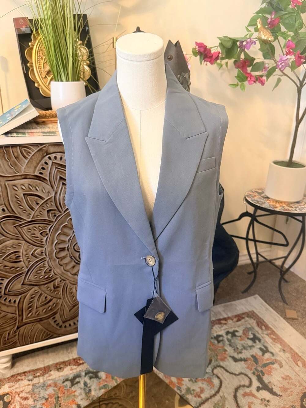 Mina Self Tailored Vest Size M Blue Sleeveless Blazer Jacket